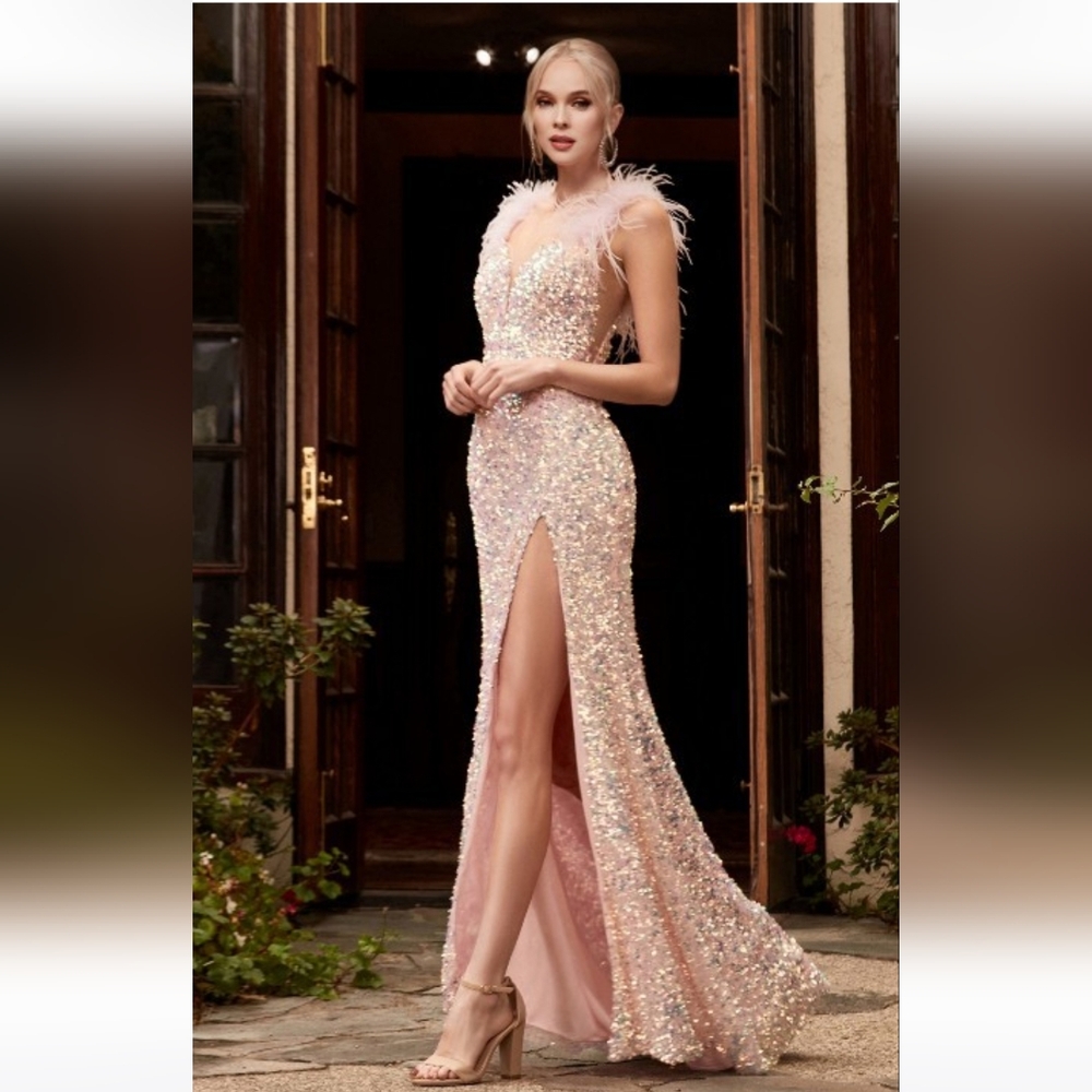Feathered iridescent sequin gown